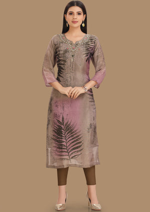 Dark Bottle Green & Lavender Tissue Silk Kurti Straight Cut 