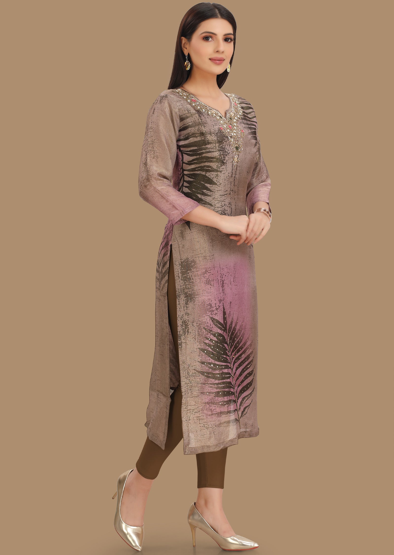 Dark Bottle Green & Lavender Tissue Silk Kurti Straight Cut