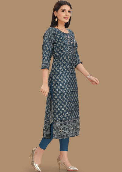 Indigo Blue Muslin Kurti Straight Cut 