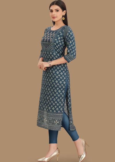 Indigo Blue Muslin Kurti Straight Cut