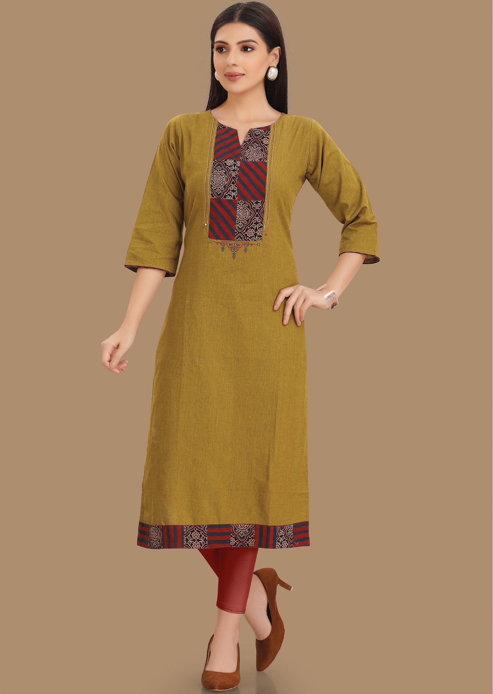 Mehndi Green Cotton Kurti Straight Cut 