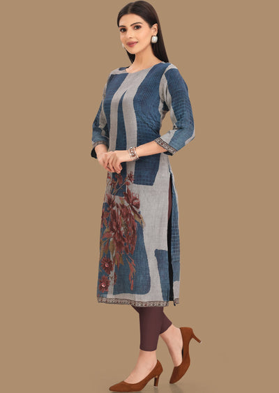 Blue & Grey Crepe Kurti Staright Cut