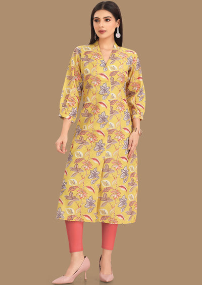 Yellow Linen Kurti Staright Cut