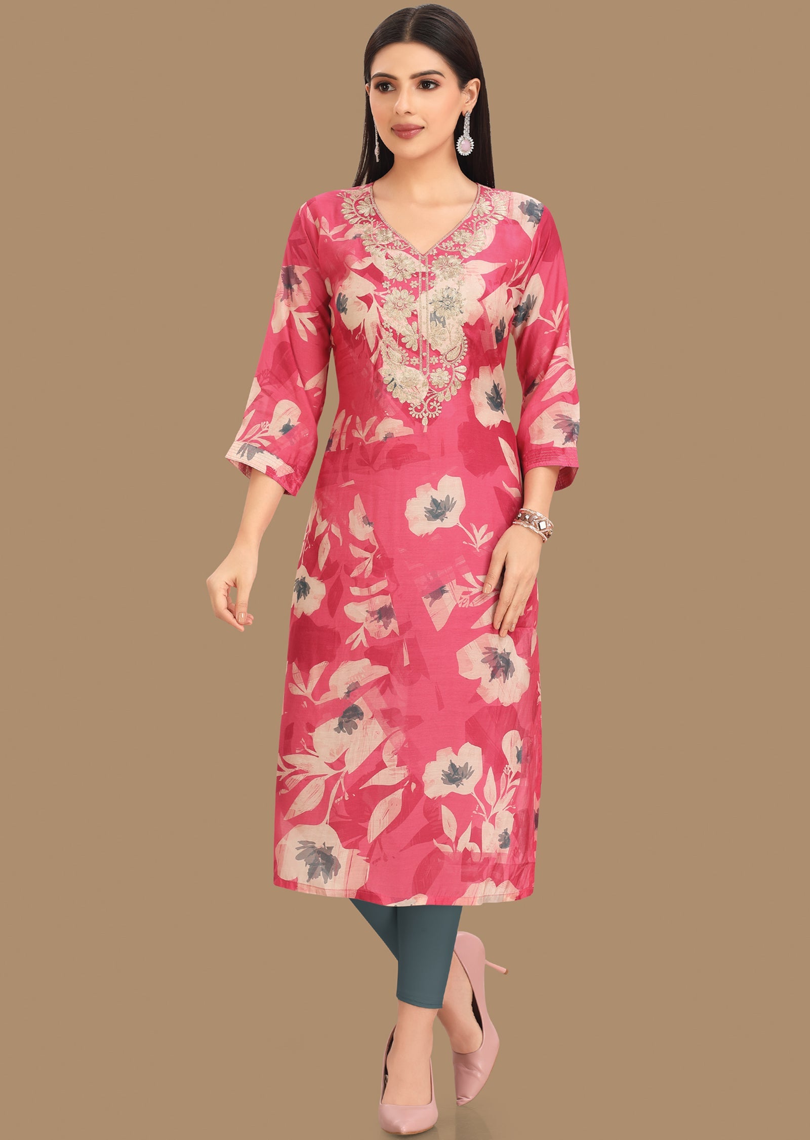 Pink Muslin Kurti Staright Cut