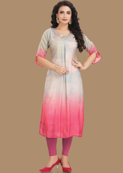 Peach & Rani Pink Dola Silk Kurti Straight Cut