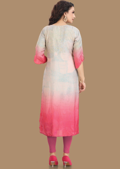 Peach & Rani Pink Dola Silk Kurti Straight Cut