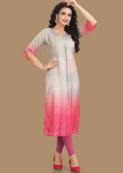 Peach & Rani Pink Dola Silk Kurti Straight Cut