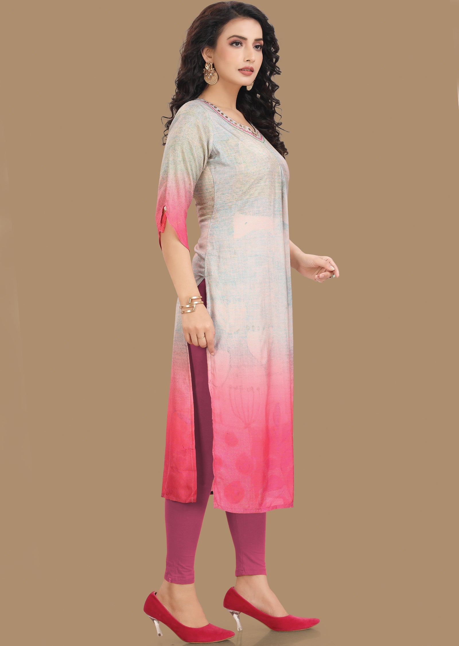 Peach & Rani Pink Dola Silk Kurti Straight Cut