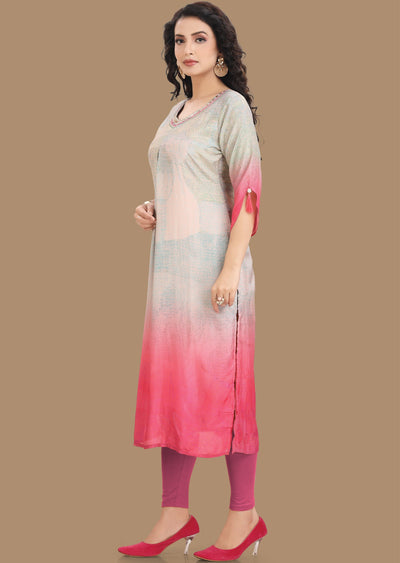 Peach & Rani Pink Dola Silk Kurti Straight Cut