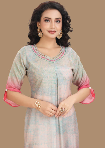 Peach & Rani Pink Dola Silk Kurti Straight Cut