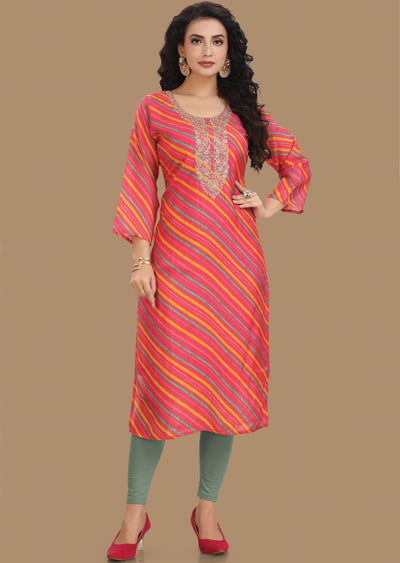 Pink Leheriya Muslin Kurti Straight Cut