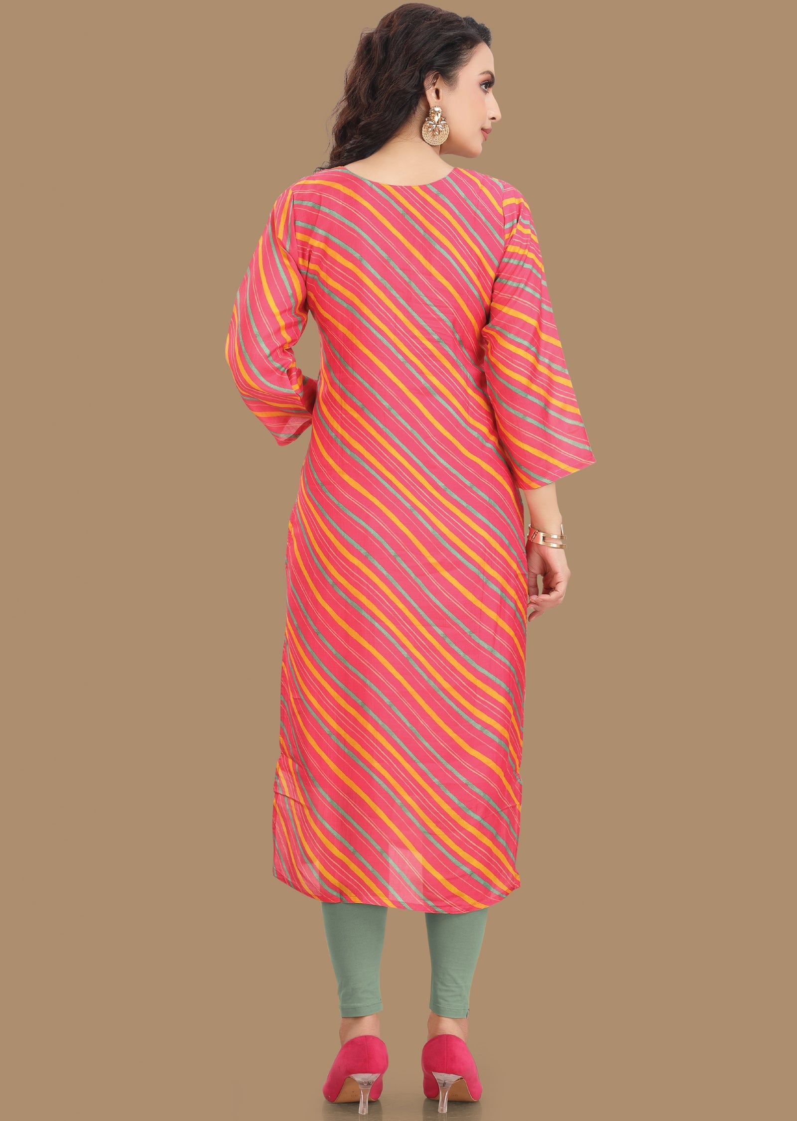 Pink Leheriya Muslin Kurti Straight Cut