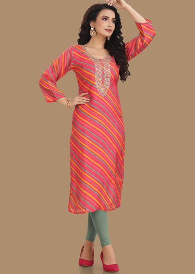 Pink Leheriya Muslin Kurti Straight Cut