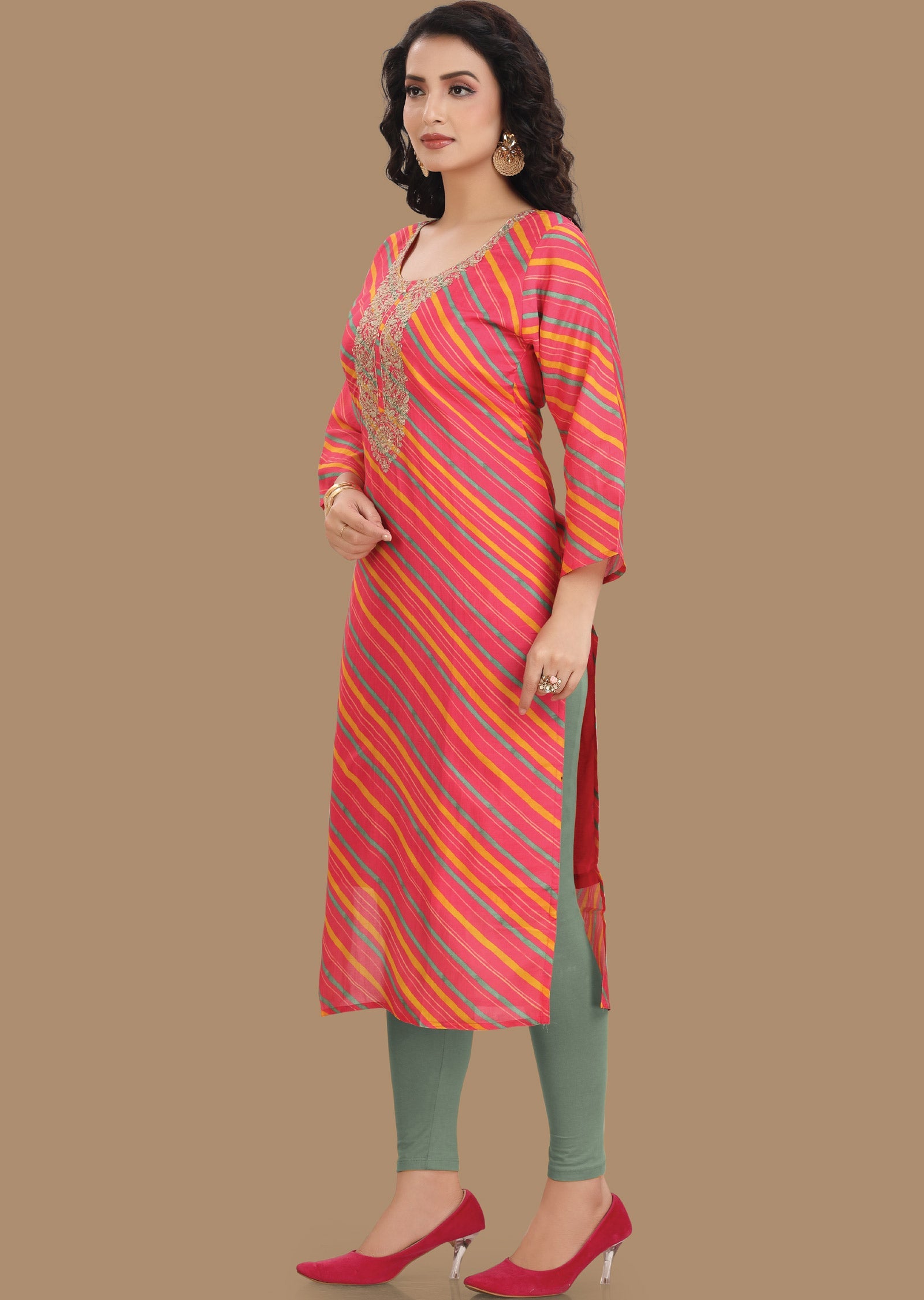 Pink Leheriya Muslin Kurti Straight Cut