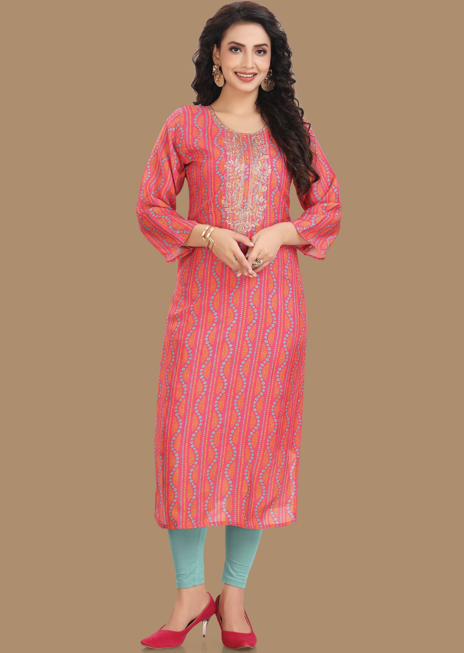 Pink Bandhini Muslin Kurti Straight Cut