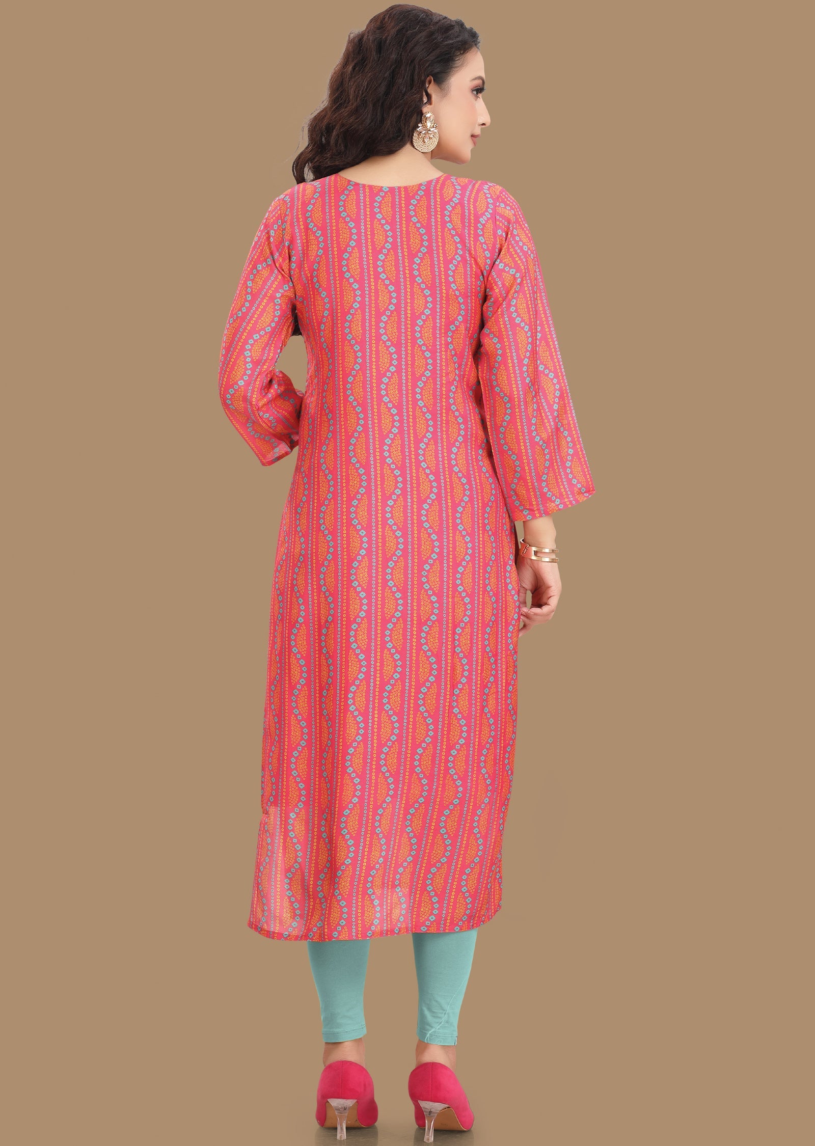 Pink Bandhini Muslin Kurti Straight Cut