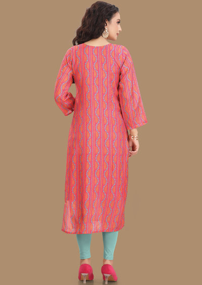 Pink Bandhini Muslin Kurti Straight Cut