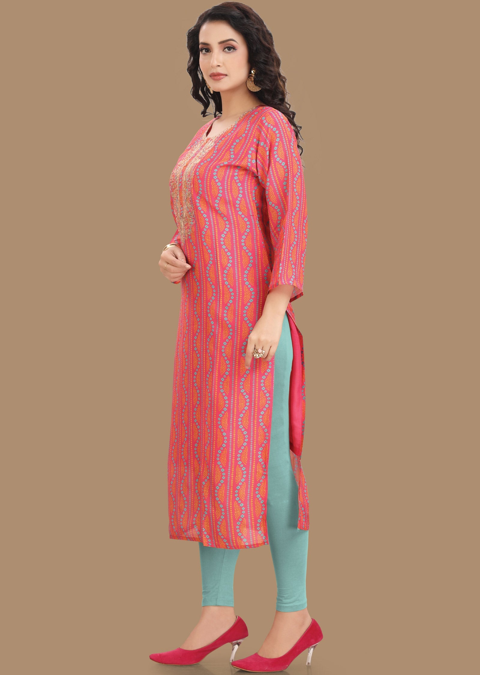 Pink Bandhini Muslin Kurti Straight Cut