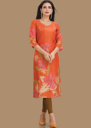 Orange Tissue Silk Kurti Straight Cut