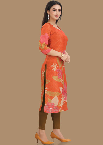 Orange Tissue Silk Kurti Straight Cut