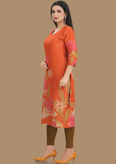 Orange Tissue Silk Kurti Straight Cut