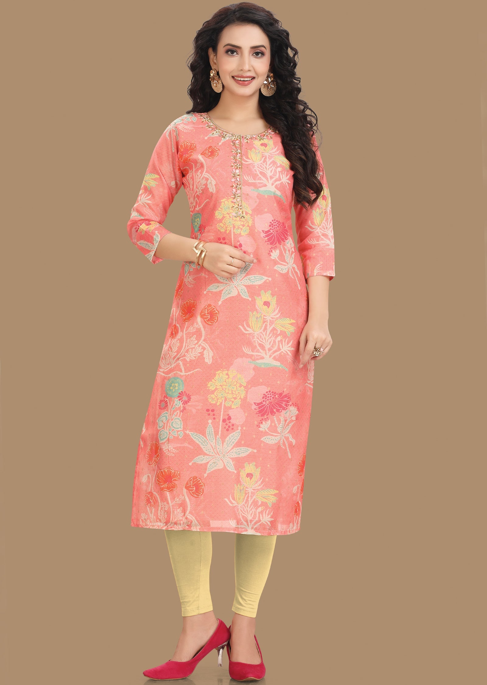 Dark Peach Banarasi Chanderi Kurti Straight Cut