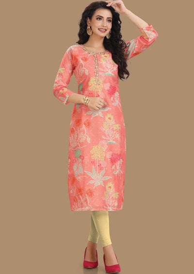 Dark Peach Banarasi Chanderi Kurti Straight Cut