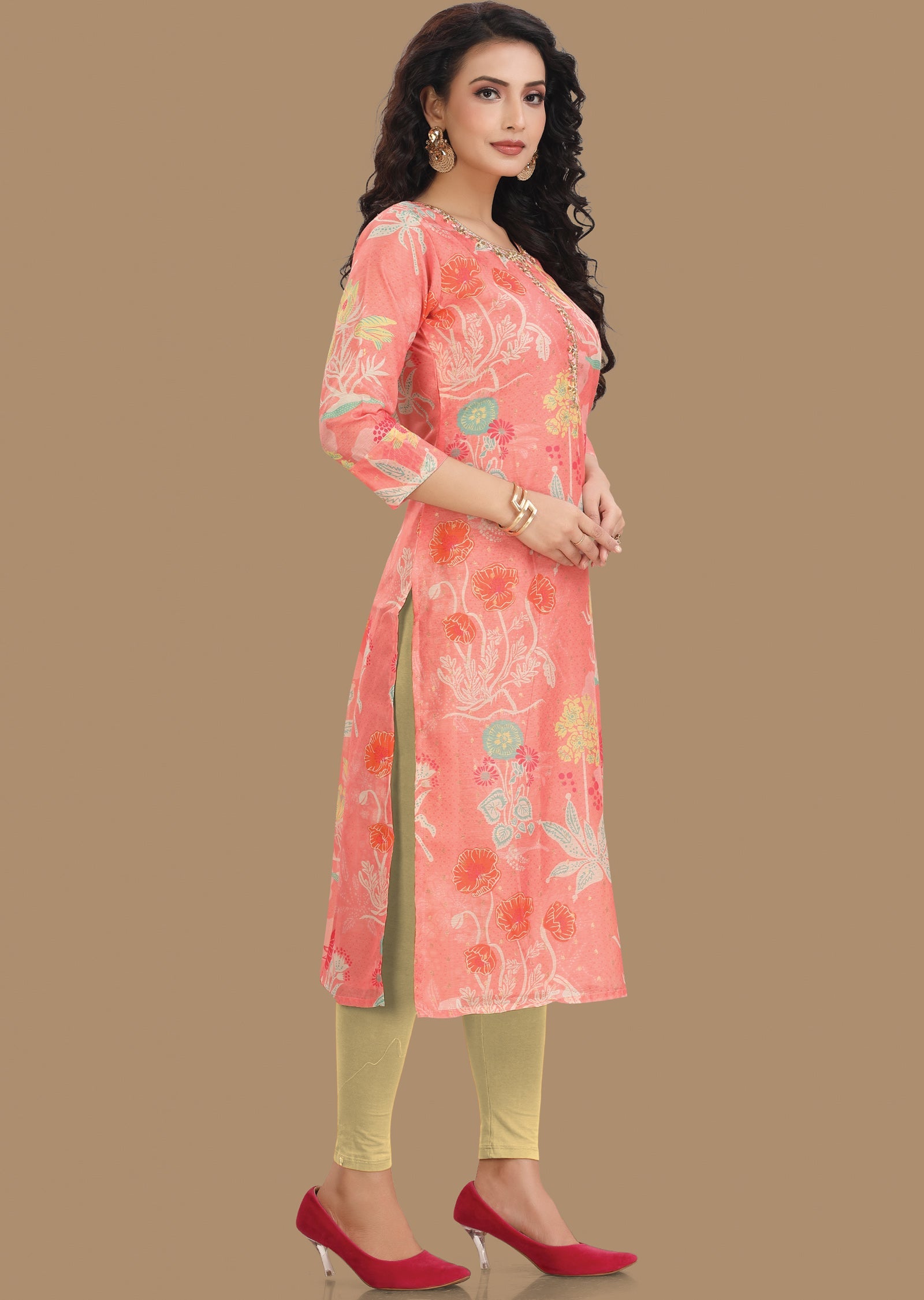 Dark Peach Banarasi Chanderi Kurti Straight Cut