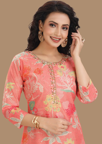 Dark Peach Banarasi Chanderi Kurti Straight Cut