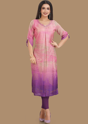 Pink & Purple Dola Silk Kurti Straight Cut