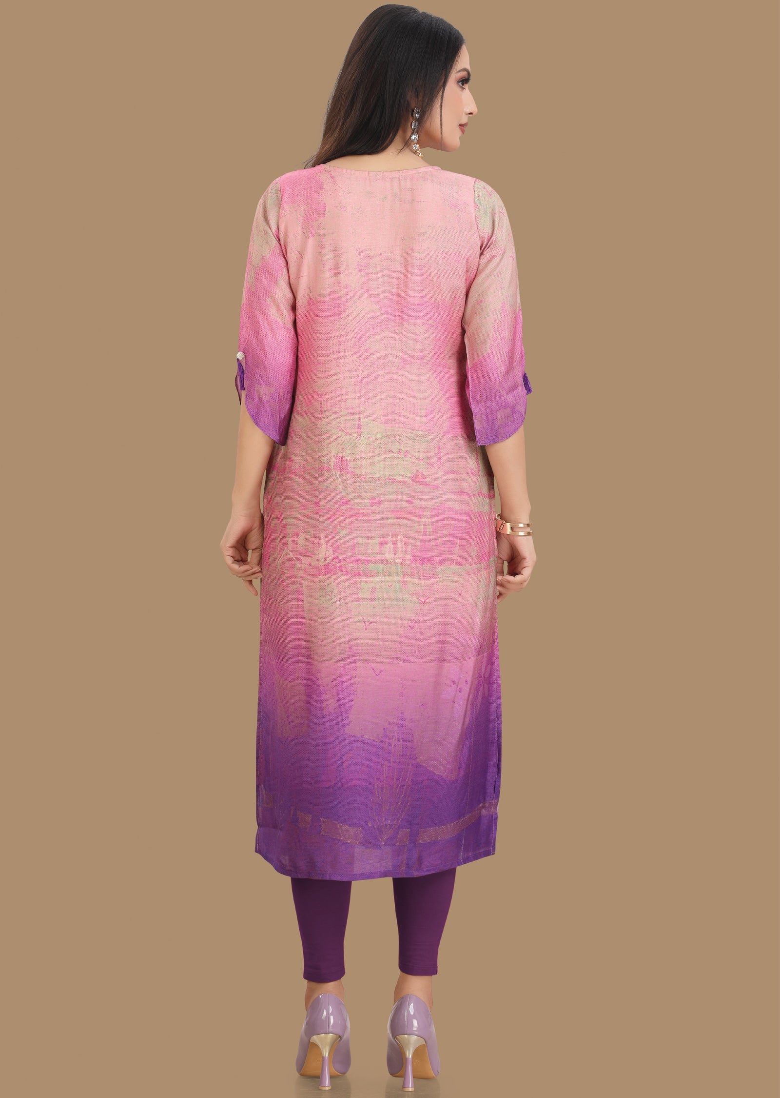 Pink & Purple Dola Silk Kurti Straight Cut