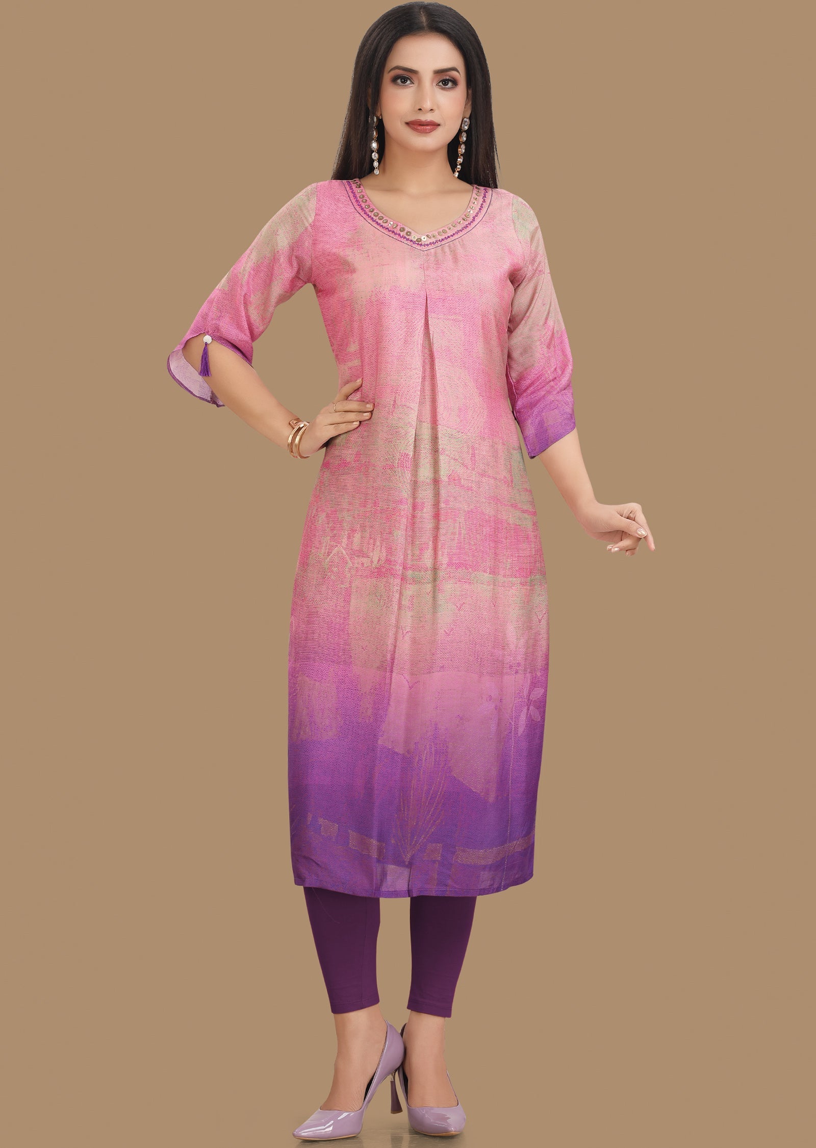 Pink & Purple Dola Silk Kurti Straight Cut