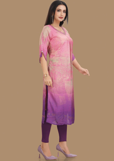 Pink & Purple Dola Silk Kurti Straight Cut