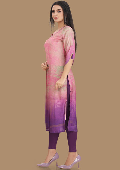 Pink & Purple Dola Silk Kurti Straight Cut