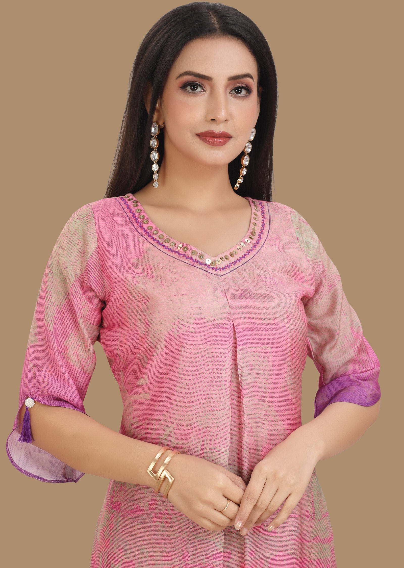 Pink & Purple Dola Silk Kurti Straight Cut