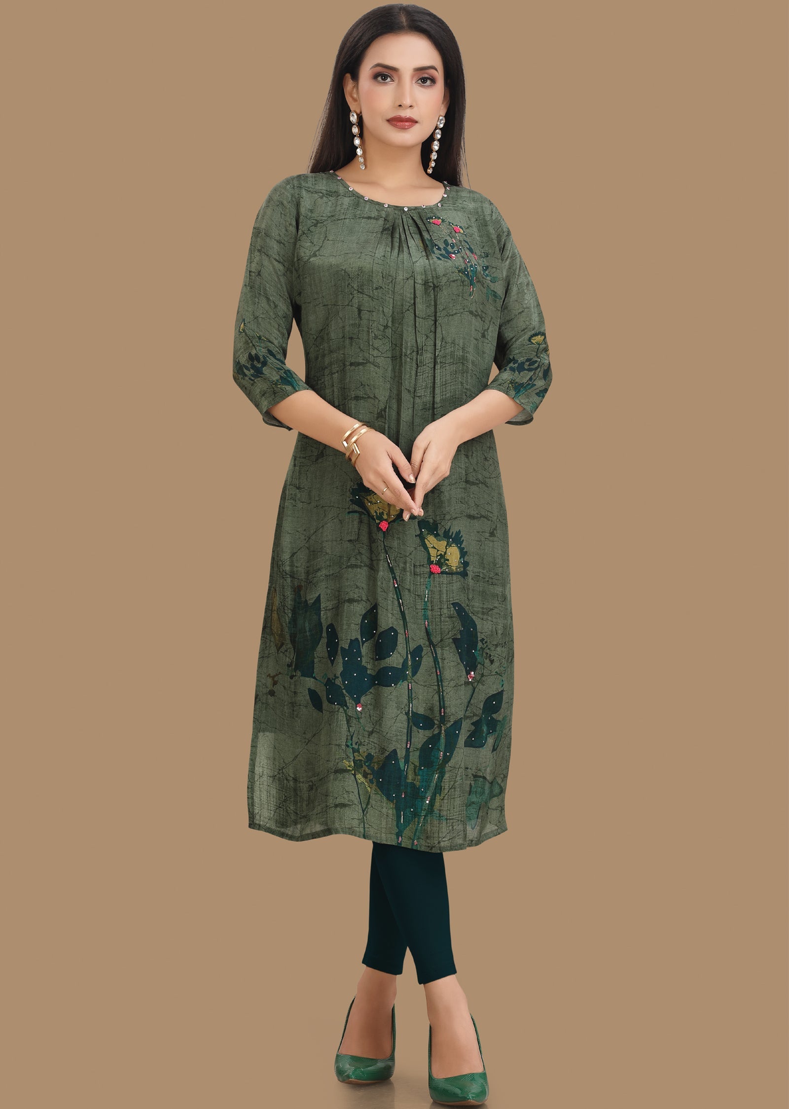 Green Crepe Kurti Straight Cut