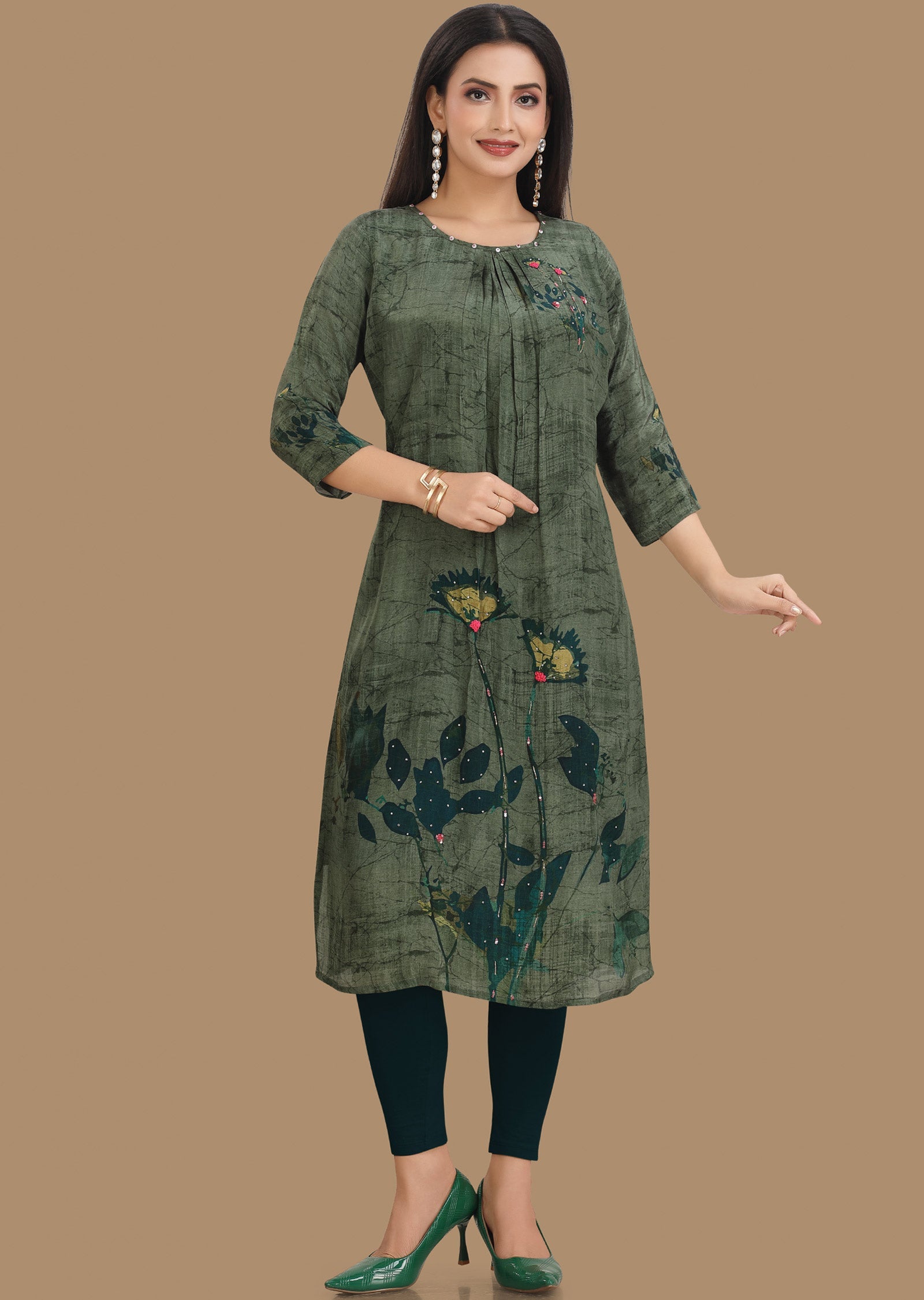 Green Crepe Kurti Straight Cut