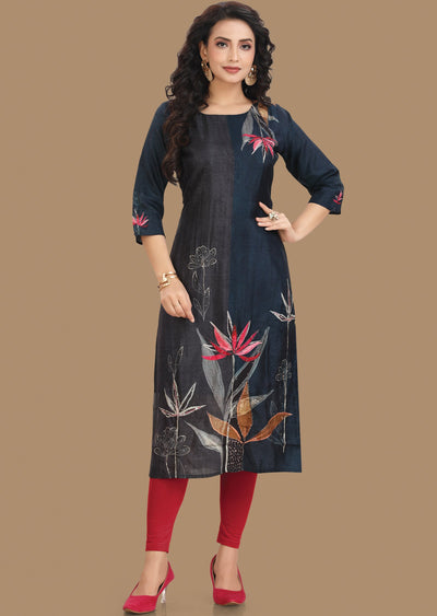 Dark Teal Blue Dola Silk Kurti Straight Cut