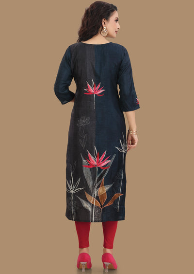 Dark Teal Blue Dola Silk Kurti Straight Cut