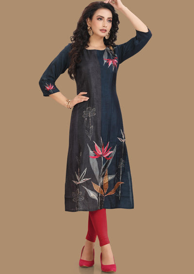 Dark Teal Blue Dola Silk Kurti Straight Cut