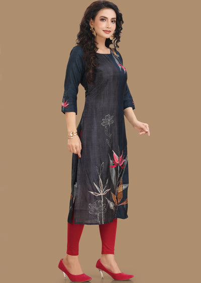 Dark Teal Blue Dola Silk Kurti Straight Cut