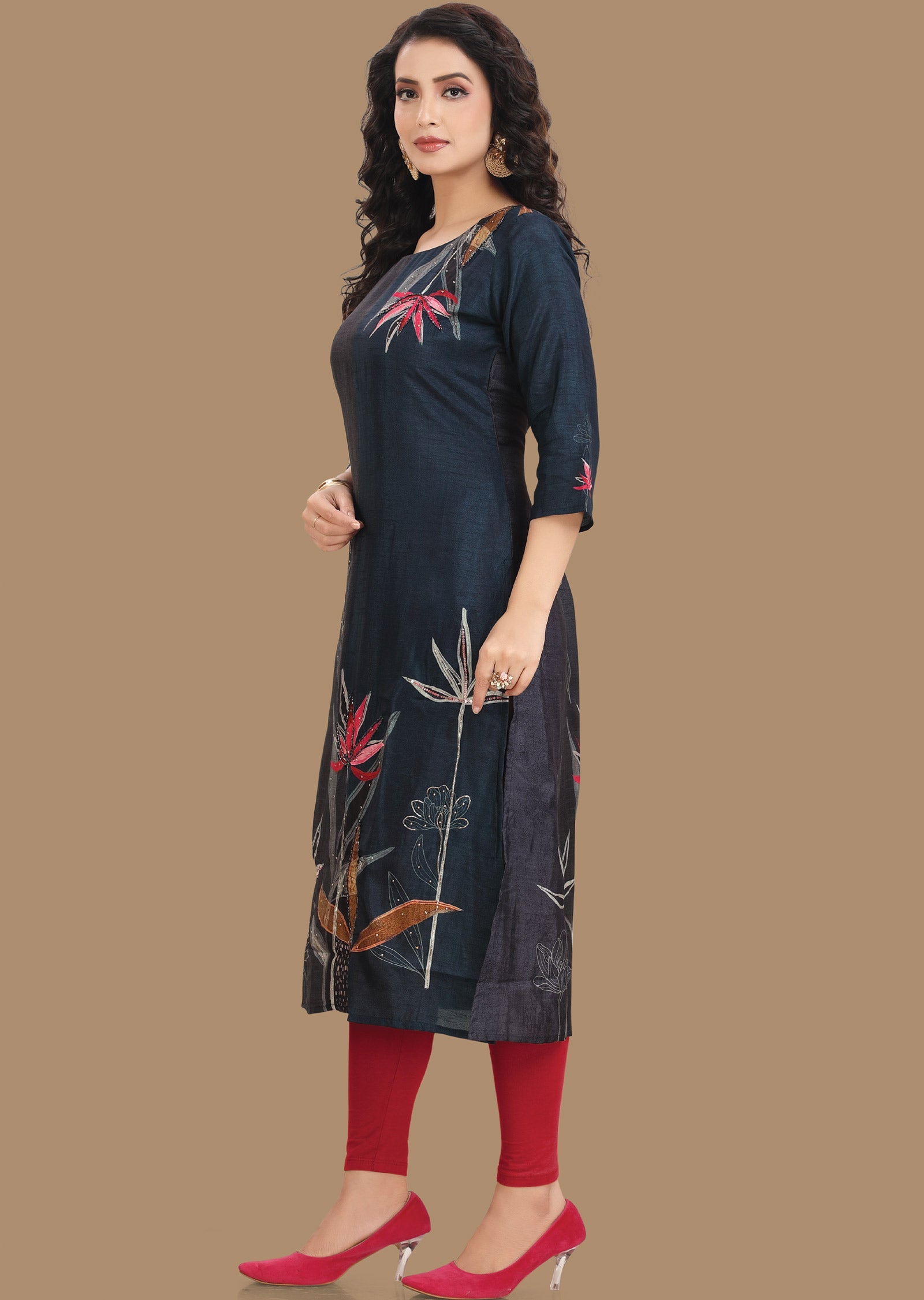 Dark Teal Blue Dola Silk Kurti Straight Cut