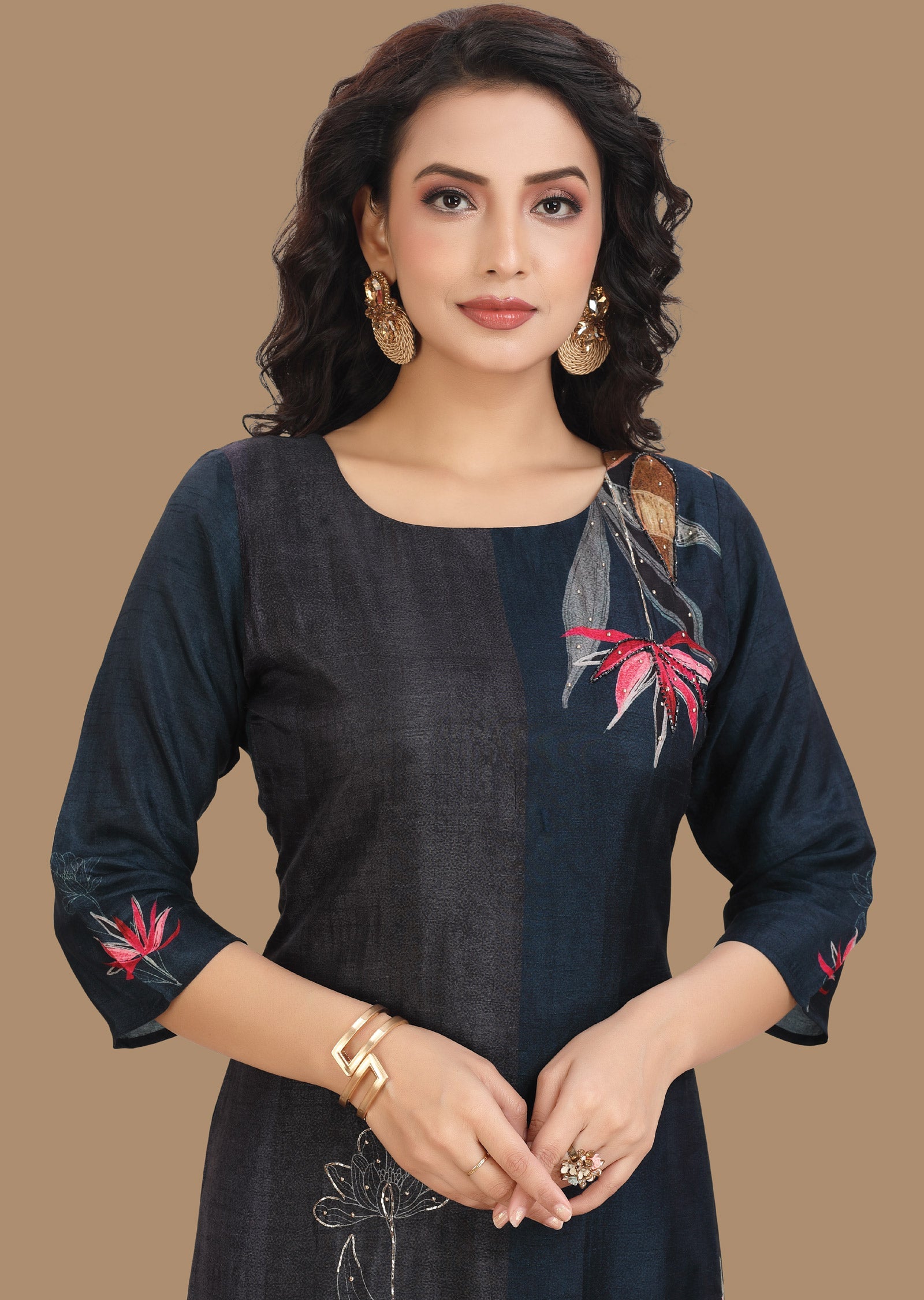 Dark Teal Blue Dola Silk Kurti Straight Cut