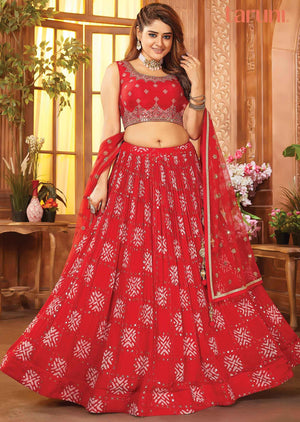 Red Silk & Georgette Embroidered lehenga