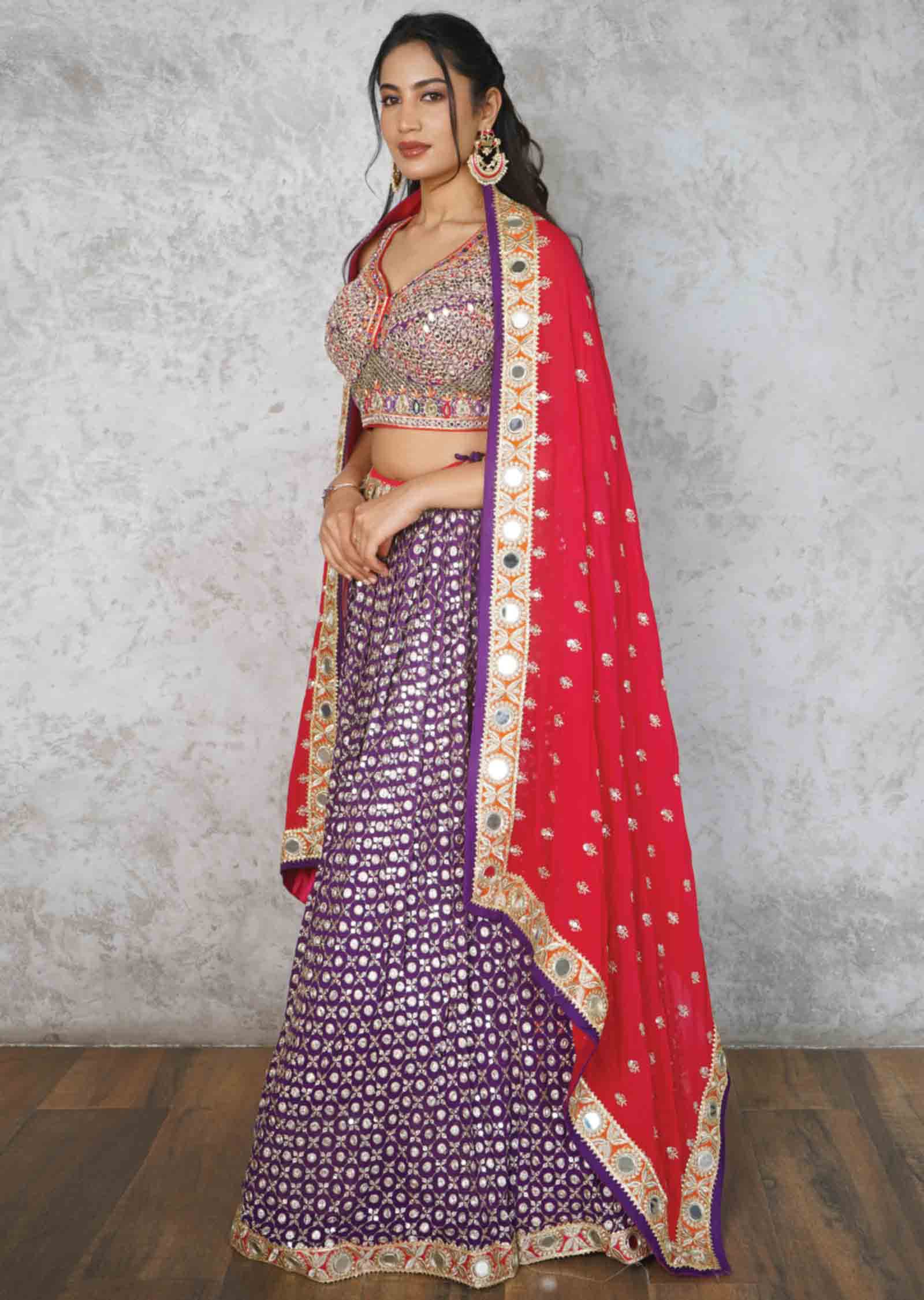 Purple Silk/Georgette Embroidered lehenga