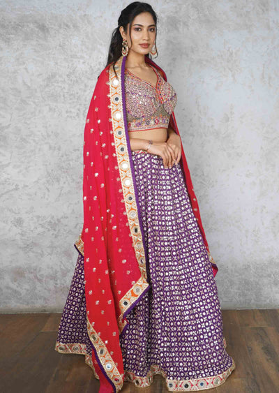 Purple Silk/Georgette Embroidered lehenga