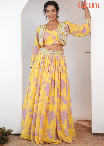 Yellow & Lavender Georgette Embroidered Lehenga Set