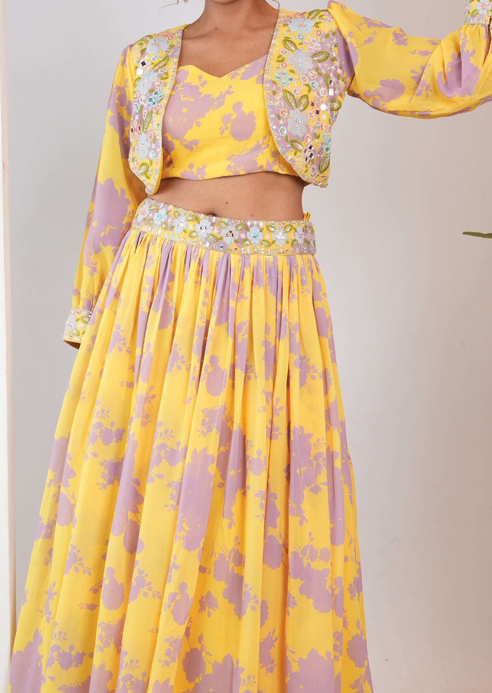 Yellow & Lavender Georgette Embroidered Lehenga Set