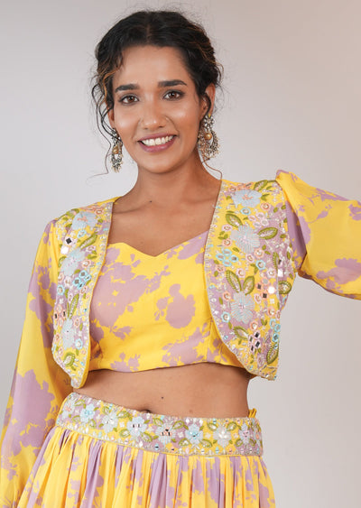 Yellow & Lavender Georgette Embroidered Lehenga Set