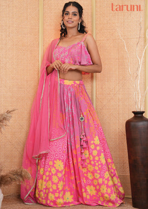 Rani Pink Crepe Printed Lehenga Set